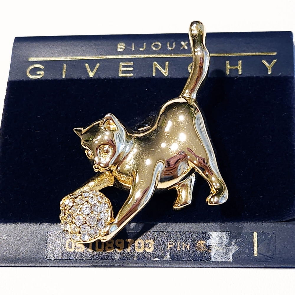 Givenchy Cat Kitten Brooch Pin Vintage NWT Gold Tone Swarovski Crystals